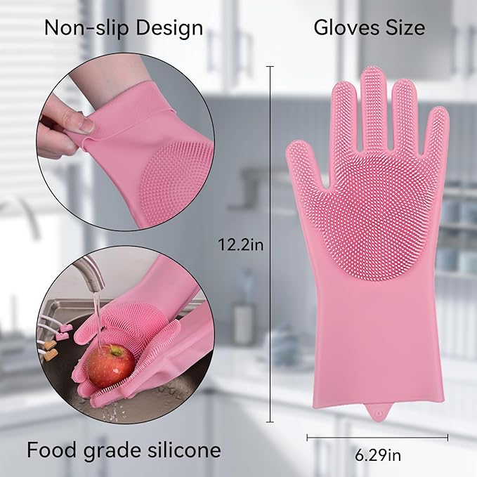Silicone Dishwashing Gloves, Kitchen Gloves for Washing Dishes Reusable Waterproof Dishwashing with Cleaning Brush