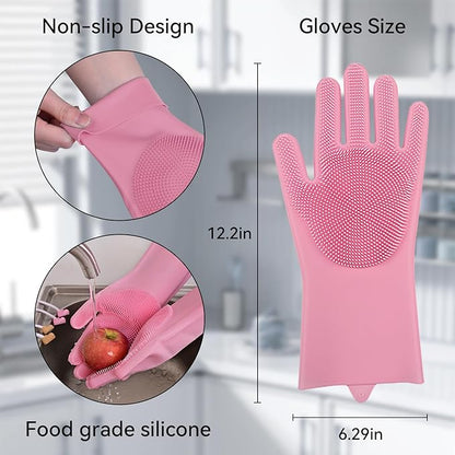 Silicone Dishwashing Gloves, Kitchen Gloves for Washing Dishes Reusable Waterproof Dishwashing with Cleaning Brush