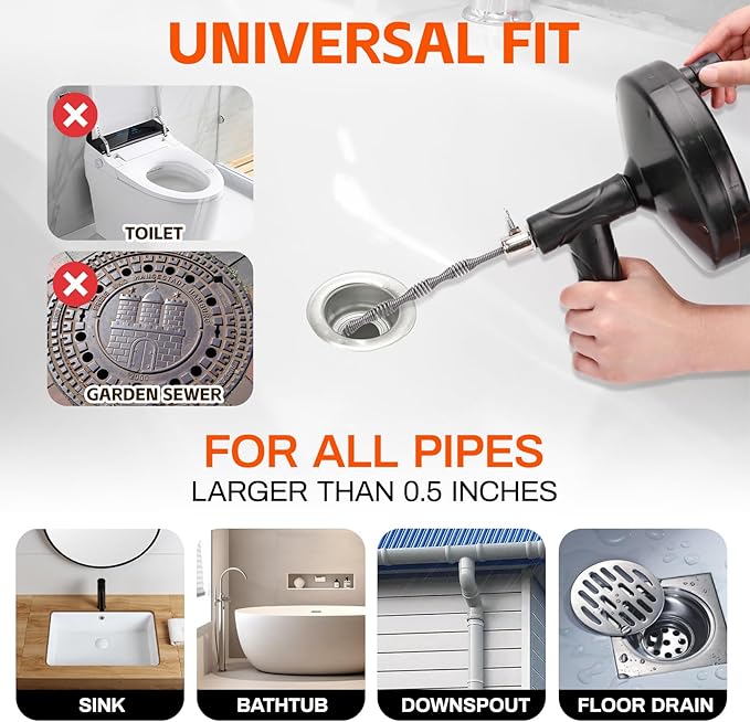 Drain Snake 25 Ft, Drain Auger Hair Clog Remover Heavy Duty Flexible Plumbing Snake Bathroom Kitchen Sink Cleaner Tools for Shower Bathtub Pipe