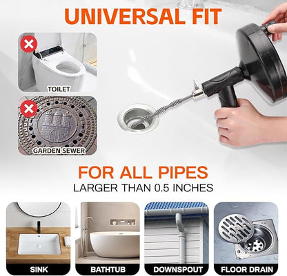 Drain Snake 25 Ft, Drain Auger Hair Clog Remover Heavy Duty Flexible Plumbing Snake Bathroom Kitchen Sink Cleaner Tools for Shower Bathtub Pipe