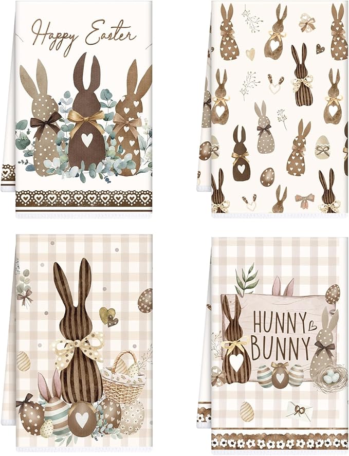 Easter Kitchen Towels Set of 4, Farmhouse Hunny Bunny Easter Dish Towels Gifts for Cooking Cleaning, Spring Hand Towels with Hanging Loop for Kitchen Bathroom Home Decor