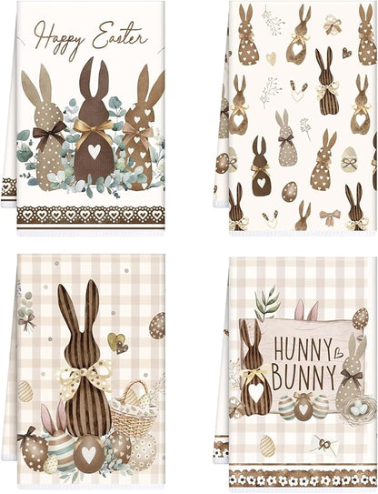 Easter Kitchen Towels Set of 4, Farmhouse Hunny Bunny Easter Dish Towels Gifts for Cooking Cleaning, Spring Hand Towels with Hanging Loop for Kitchen Bathroom Home Decor