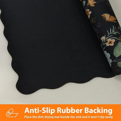 Scalloped Bohemian Coffee Bar Mat Dish Drying Mats for Kitchen Counter, Kitchen Decor,(12"x19", Black)