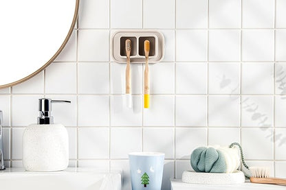 Silicone Suction Toothbrush Holder 2-Slot Wall Mounted Bathroom Organizer for Electric, Manual & Kids' Toothbrushes – Secure Suction Storage, Compact & Travel-Friendly – Sand Beige