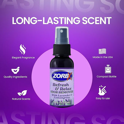 ZORBX Refresh & Relax 2 Oz Odor Remover Spray with Lavender & Lemongrass – Permanent Solution Room Freshener & Air Freshener Spray for Home, Bathroom, Furniture, Carpet, Car, Gym & Laundry