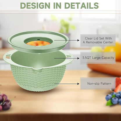 4-1 Strainer with Bowl & Spoons Set - Strainers and Colanders - Colanders for kitchen(Patented) - Pasta Strainer with Upgraded Graters & Spoons for Fruit Veggie Kitchen Essentials, Green