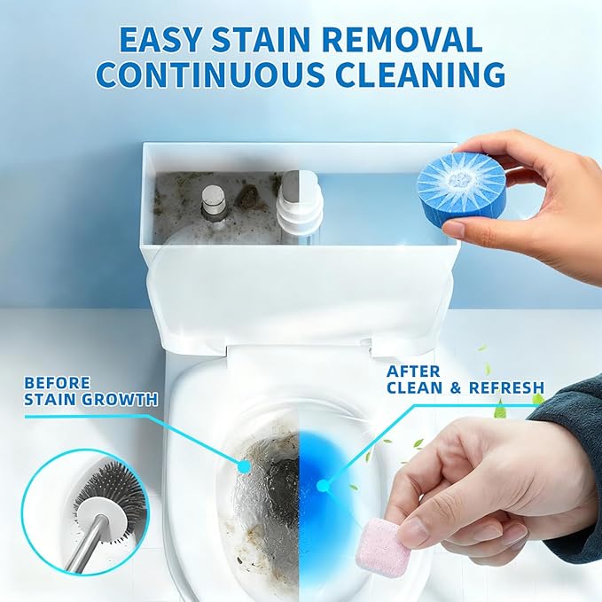 2-in-1 Toilet Cleaning Tablets (24 Pack) - 8 Effervescent Toilet Bowl Stain Remover and 16 Blue Toilet Tank Cleaner Tablets - Limescale Removal for Septic System