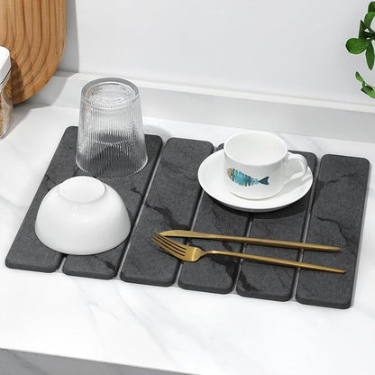 Small Stone Dish Drying Mat for Kitchen Counter, 2 PCS 16"×12" & 8"x4" Quick Dry Stone Mats, Foldable Water Absorbing Diatomaceous Earth Drying Dish Pad for Countertop Bottles Utensils Cups(Dark Gray)