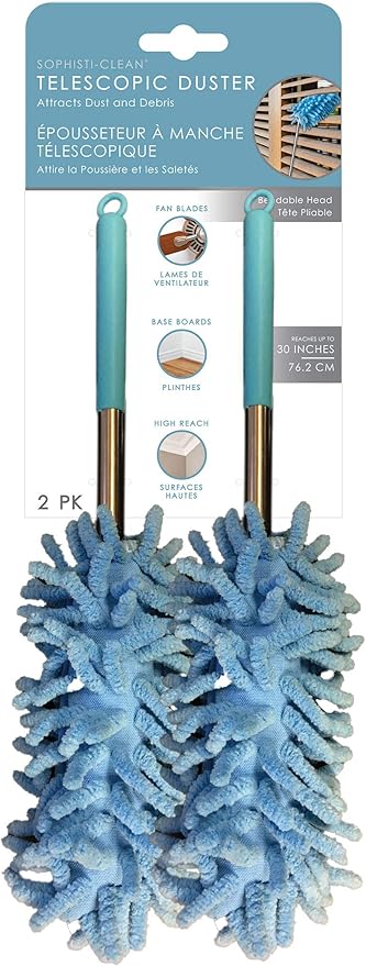 Telescopic Duster, Bendable Microfiber Duster with Extendable Handle, Extend Your Reach up to 6.5', Assorted Colors - Blue/Gray, Pack of 2