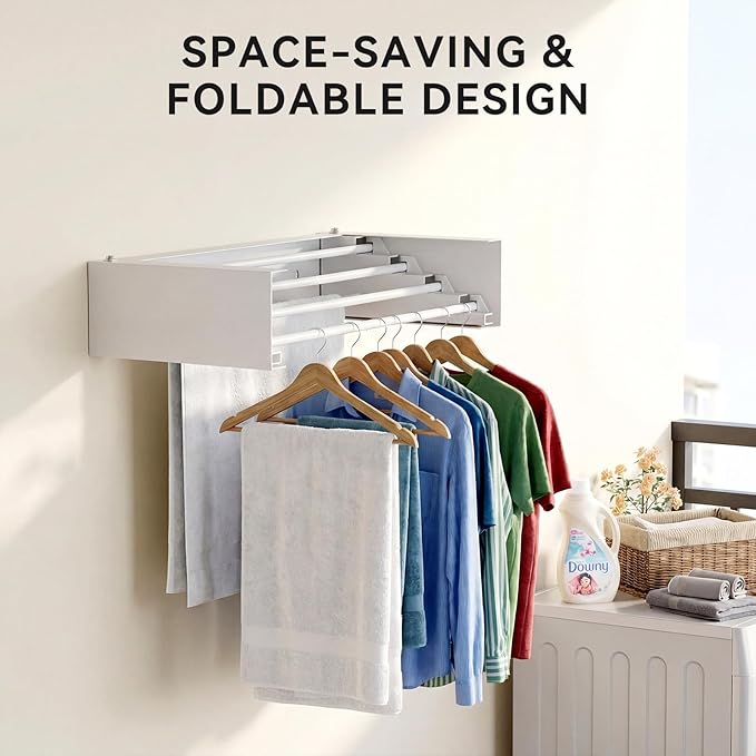 Wall Mounted Drying Rack - 26 Inch Stainless Steel Clothes Drying Rack Collapsible, Heavy Duty 60LBS Laundry Drying Rack, Retractable Folding Dryer Racks for Laundry Drying Indoor/Outdoor