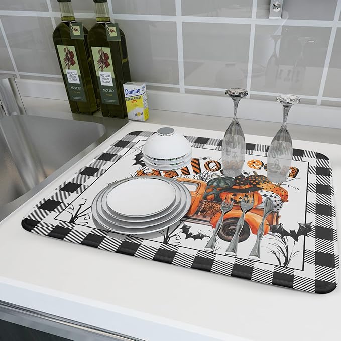 Holiday Truck Dish Drying Mat - Orange Holiday Absorbent Microfiber Dish Drying Pad for Kitchen Counter