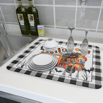 Holiday Truck Dish Drying Mat - Orange Holiday Absorbent Microfiber Dish Drying Pad for Kitchen Counter