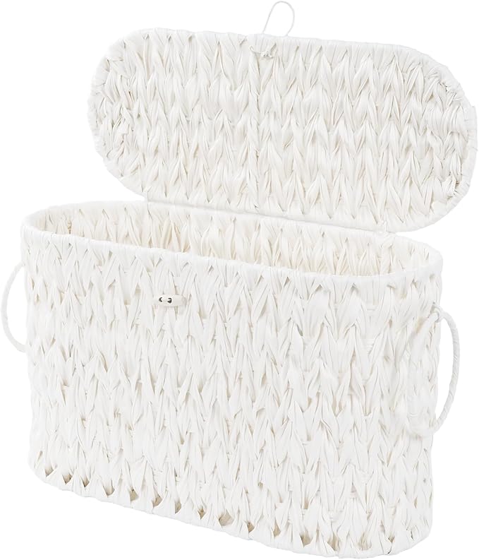 Toilet Paper Basket,Wicker Toilet Paper Storage with Lid,Decorative Boho Wicker Basket for Bathroom,Free Standing-Cream White