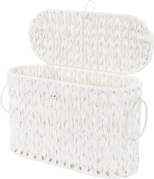Toilet Paper Basket,Wicker Toilet Paper Storage with Lid,Decorative Boho Wicker Basket for Bathroom,Free Standing-Cream White