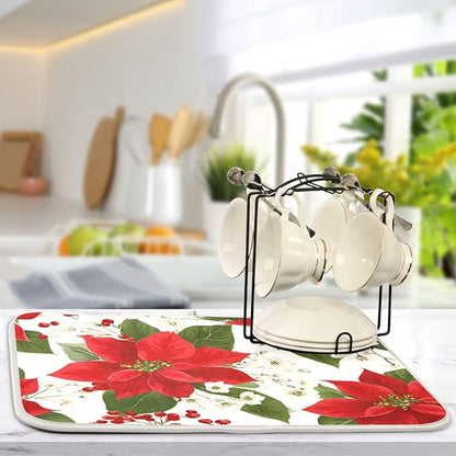 Red Poinsettias with Holly Dish Drying Mat for Kitchen Counter Super Absorbent Drying Mat 18x24 inch Large Dish Drying Matts for Countertop Protector Dishes Pad