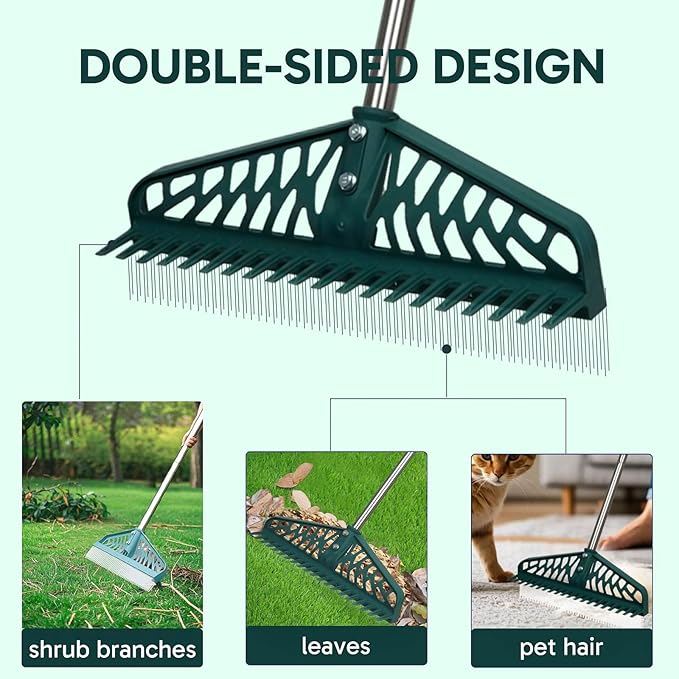 Artificial Grass Rake Innovative Double Sided Turf Rake, 60-Inch Adjustable Handle for Cleaning and Fluffing Artificial Turf, Lawns, Carpets, Patios – Removes Leaves, Pet Hair & Debris