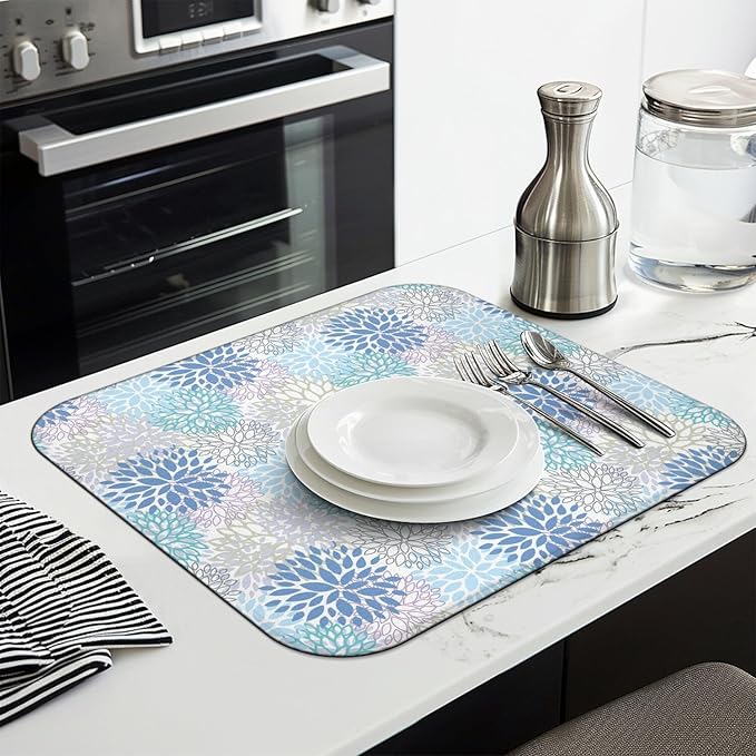 Dish Drying Mat Drainer Pads - Extra Large Microfiber Drying Mats for Dishes Kitchen Counter Super Absorbent Pads for Draining Racks (Blue,18"x24" )