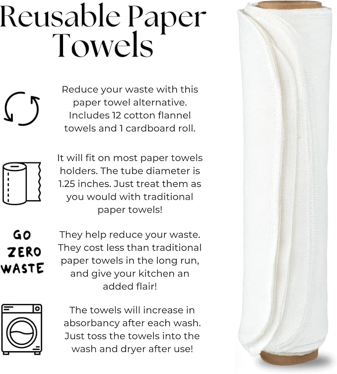 Vi-tal Health & Wellness Paperless Towels Roll Washable Cotton Cloth, Reusable Paper Towels - 10 Pack with Durable Cardboard Roll - 10" X 10" Zero Waste Reusable Napkins Eco Friendly (White)
