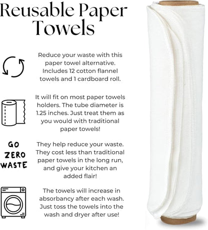 Vi-tal Health & Wellness Paperless Towels Roll Washable Cotton Cloth, Reusable Paper Towels - 10 Pack with Durable Cardboard Roll - 10" X 10" Zero Waste Reusable Napkins Eco Friendly (White)