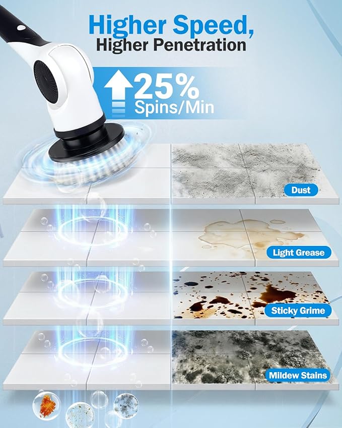 Electric Spin Scrubber, 3-Speed Shower Scrubber with Long Handle & 10 Replaceable Brush Heads, Cordless Shower Cleaner Brush with 90 Mins Runtime & Full-Body IPX7 Waterproof for Bathroom Kitchen