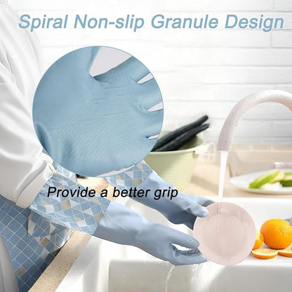 3PCS Dishwashing Cleaning Gloves with Cotton Flocked Liner, Reusable Latex Free Waterproof Long Cuff Kitchen Glove for Laundry, Cleaning, Working, Gardening(Pink+Green+Blue)