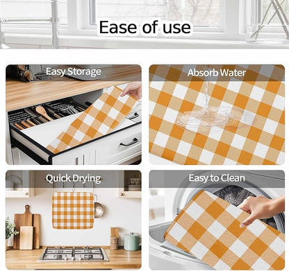 Dish Drying Mat Orange Buffalo Check Plaid Drying Mats for Kitchen Counter Farmhouse Style Absorbent Microfiber Dish Drainer Quick Drying Coffee Mat with Hanging Loop, 16 x18 inch