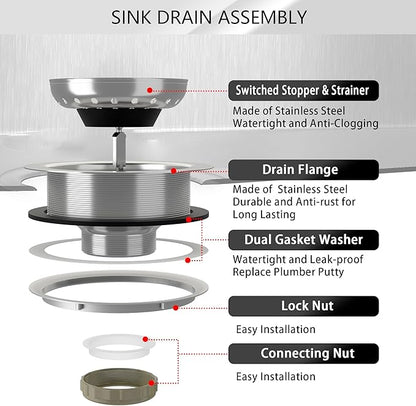 Kitchen Sink Drain 3-1/2 Inch Brushed Stainless Steel Sink Drain Strainer Assembly Kit with Sink Strainer Basket and Drain Stopper for Standard Kitchen Drains Brush Nickel Silver