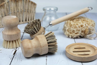 Dish Brush Set with Wooden Handle | Nautral & Bamboo Fibers Plastic Free | Pot Brush Scourer Scrubber ~ 5 Pcs Kitchen Dish Cleaning Tools - Makes Dish Cleaning Easy