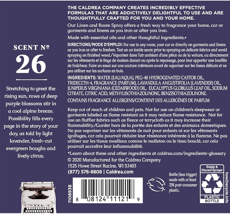 Caldrea Linen And Room Spray Air Freshener, Made With Essential Oils, Plant-Derived And Other Thoughtfully Chosen Ingredients, Lavender Cedar Leaf Scent, 16 Oz