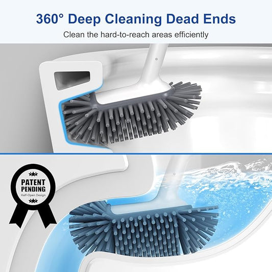 HAMITOR Toilet Bowl Brush Holder Set: Deep Cleaning Silicone Toilet Cleaner Scrubber Under Rim with Curved Bristle for Bathroom Dead Corner Clean - Modern Rv Toilet Decorative Accessories - White