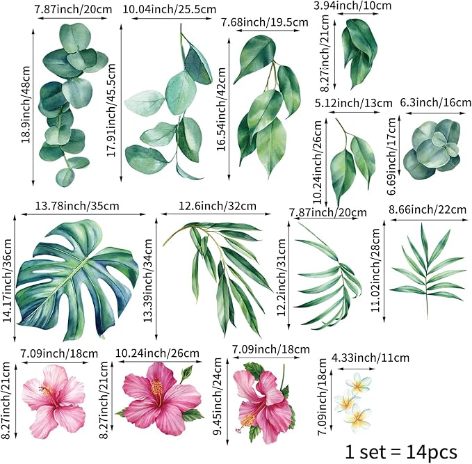 Large Peel and Stick Floral Bouquet Wall Decals Flowers Wall Stickers for Living Room Bedroom Accent Wall Decor, 14 PCS Tropical Garden