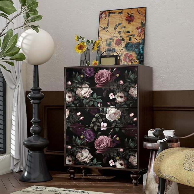 Fvlow Dark Flower Wallpaper Peel and Stick Vintage Pink Rose Contact Paper 17.4" x 393" Black Floral Waterproof Self-Adhesive Wall Covering for Bedroom Countertop Desk Cabinet