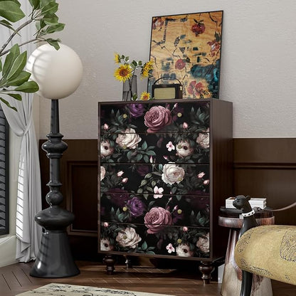 Fvlow Dark Flower Wallpaper Peel and Stick Vintage Pink Rose Contact Paper 17.4" x 393" Black Floral Waterproof Self-Adhesive Wall Covering for Bedroom Countertop Desk Cabinet