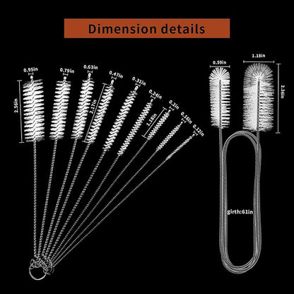 10 Pcs Flexible Drain Brush Straw Cleaner Brush Set,Pipe Cleaners Brush,61Inch Stainless Steel Double-Ended Hose Brush 8.2Inch Nylon Long CPAP Tube Cleaning Brush for Home Kitchen Sink Plumbing(White)