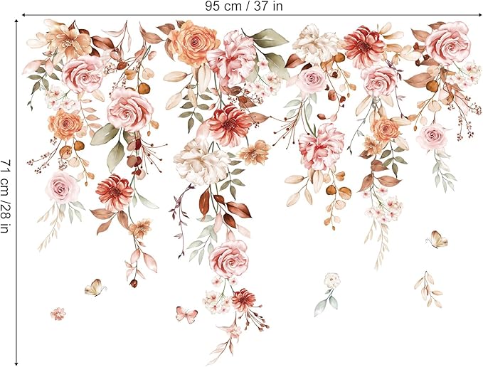 wondever Hanging Flower Vine Wall Stickers Boho Floral Leaves Peel and Stick Wall Art Decals for Living Room Girls Bedroom TV Wall