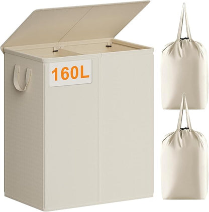 Chrislley 160L Laundry Hamper 2 Section, Double Laundry Basket with Lid, Large Dirty Clothes Hamper with Removable Liner Bags, Collapsible Laundry Organizer for Bedroom, Dorm,Beige
