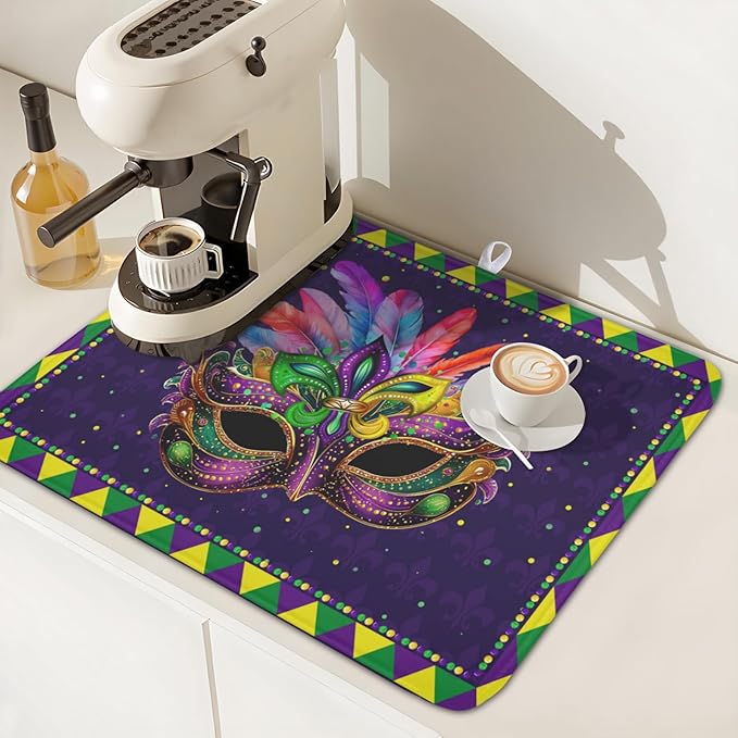 Mardi Gras Dish Drying Mat for Kitchen Counter Masquerade Mask Feather Dishes Drying Mat Microfiber Absorbent Reusable Washable Dishes Drainer Rack Mats 16x18 Inch