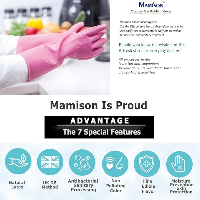 Kitchenware Mamison Quality Rubber Gloves Pink Size M, Waterproof Rubber Gloves 1 Pairs, Korean Home and Improvement Brand