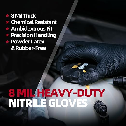 Jointown Basic Heavy Duty Nitrile Gloves, Mechanic Gloves 8 Mil Nitrile Disposable, with Raised Diamond Texture, Case of 100, Black, XLarge