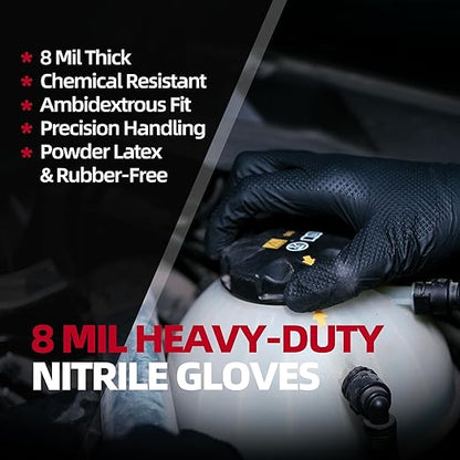 Jointown Basic Heavy Duty Nitrile Gloves, Mechanic Gloves 8 Mil Nitrile Disposable, with Raised Diamond Texture, Case of 100, Black, XLarge