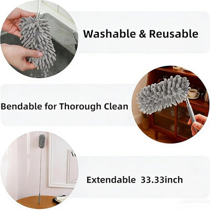 Microfiber Duster for Cleaning, GMLKRY Hand Washable Dusters with 3pcs Replaceable Microfiber Head, Extendable Pole, Detachable Cleaning Supplies for Office, Car, Window, Furniture (Gray)