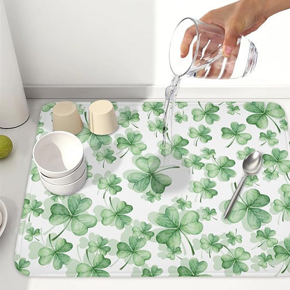 St Patrick's Day Dish Drying Mat for Kitchen Counter,Green Lucky Charm Shamrocks Drying Mat 18 x 24 Inch with High Absorbent Microfiber Drainer Mat for Coffee Bar