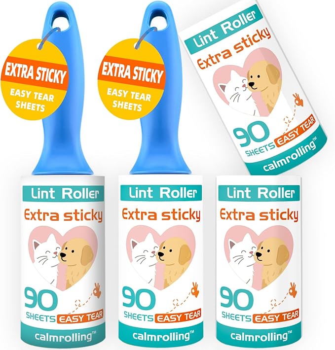 Extra Sticky Pet Hair Remover Lint Roller, 4 Refills (360 Sheets) + 2 Handles, Easy Tear No Residue for Clothes, Couch, Furniture and Car Seats