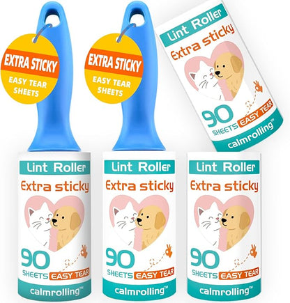Extra Sticky Pet Hair Remover Lint Roller, 4 Refills (360 Sheets) + 2 Handles, Easy Tear No Residue for Clothes, Couch, Furniture and Car Seats