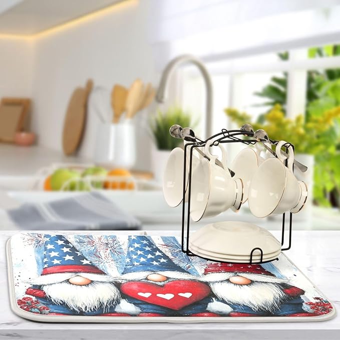 Three Cute Gnomes Pattern Dish Drying Mat for Kitchen Counter Super Absorbent Drying Mat 18x24 inch Large Dish Drying Matts for Countertop Protector Dishes Pad