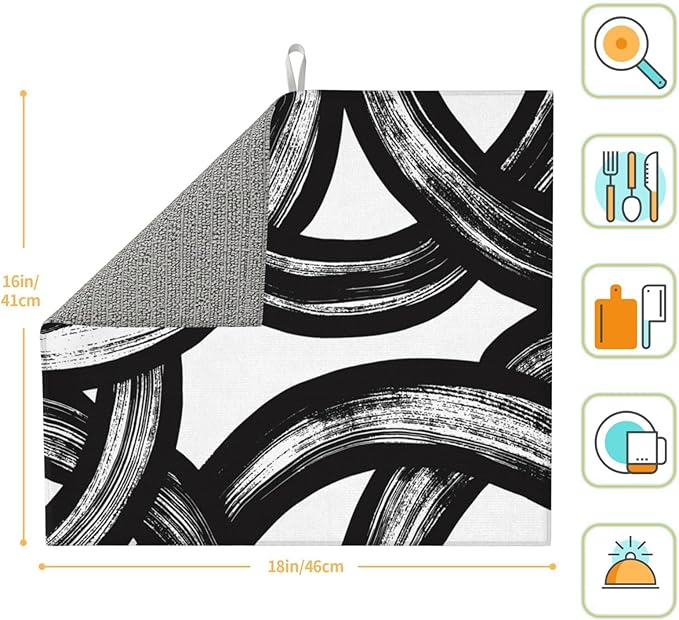 Black and White Abstract Curved Dish Drying Mats, Absorbent Microfiber Modern Drying Pad for Kitchen Counter, Washable Reversible Foldable, 16 x 18 Inch for Dishes, Sink, Utensils, Home Decor, Black