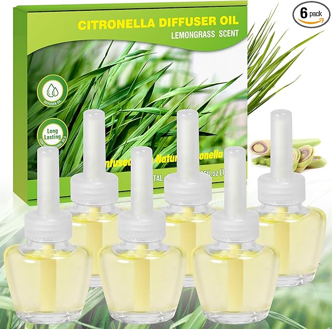 Citronella Plug in Refills,Lemongrass Fragrance, Compatible with Air Wick, Compatible with Glade, for Home Indoor Backyard Camping BBQ Summer,6 Count