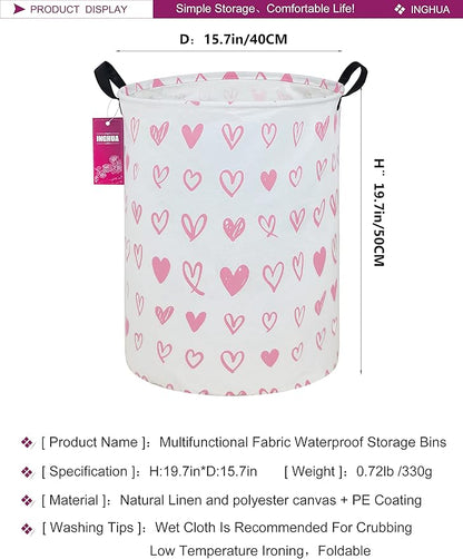 Laundry Hamper Large Canvas Fabric Lightweight Storage Basket/Toy Organizer/Dirty Clothes Collapsible Waterproof for College Dorms, Boys and Girls Bedroom,Bathroom(Pink hearts)