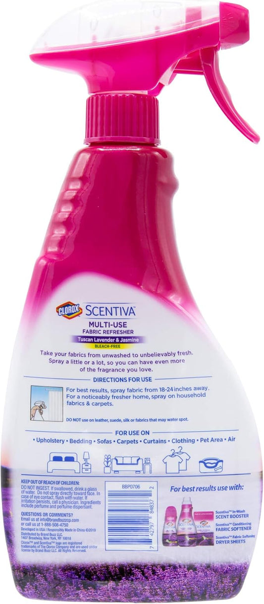 Clorox Scentiva Refresher Spray, Tuscan Lavender & Jasmine Scent - Multi-Use Fabric & Linen Freshener Spray - Odor Eliminator for Home, Upholstery, Bedding, Curtains, Room, 16.9 Fl Oz