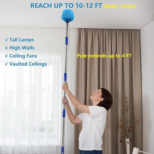 Cobweb Duster with Extension Pole, 4 FT Stainless Steel Pole with Spider Web Brush Head Ceiling Fan Duster for Outdoor Indoor Cleaning, Reach UP to 10-12 FT
